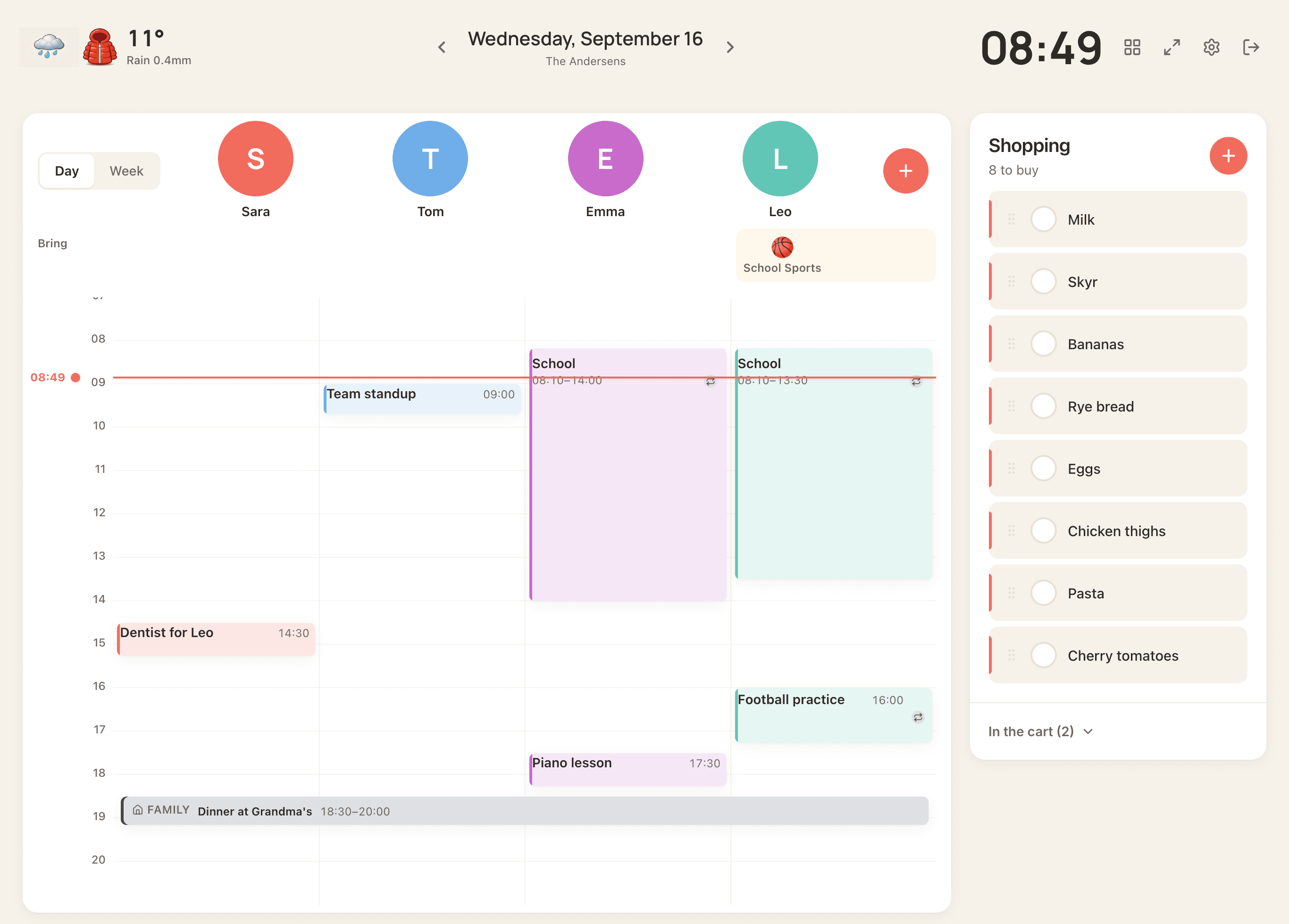 Ohana Wall on a tablet: the family calendar for today with each person's lane, and the shopping list beside it